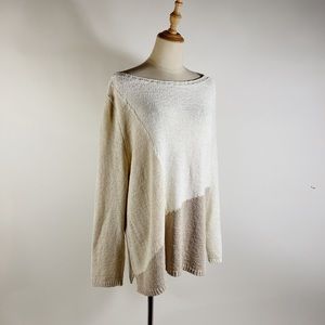 J. JILL Slouchy Boatneck Colorblock White Cream Pullover Sweater Womens Lrg Pet